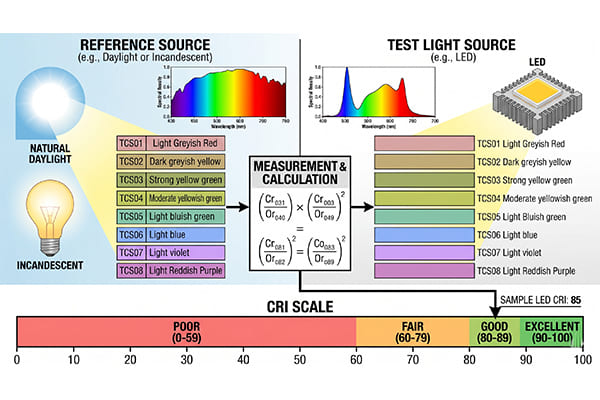 A graphic showing a light source being compared to a reference source for CRI measurement